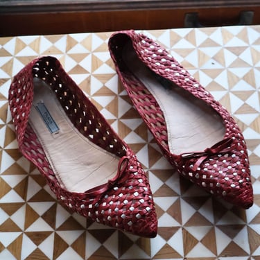 Vintage PRADA Y2K Red + Metallic Silver Leather Woven Pointy Flats with Bow sz 40 40.5 9 9.5 