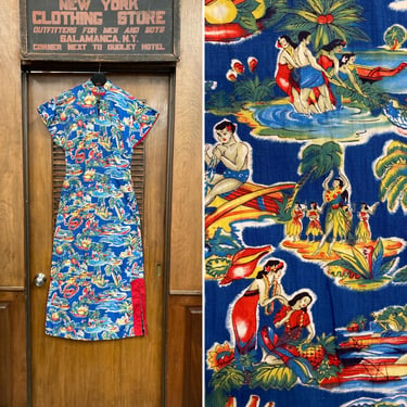 Vintage 1950’s Hula Girl Tropical Natives Cartoon Rockabilly Hostess Hawaiian Dress, 1950’s Dress, Cotton Dress, Hawaiian, Tiki, Surf Print 