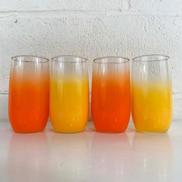 Vintage Blendo Style Orange Yellow Glasses Ombre Frosted Mid-Century Barware Glass Drinkware Party Mad Men Set of 4 Cocktail 1960s 