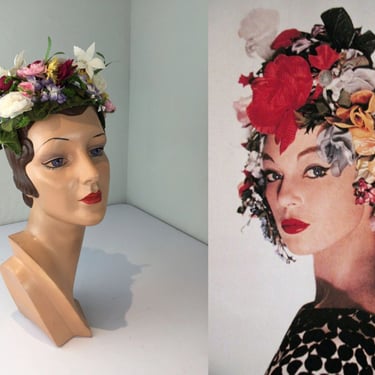 Covered in Florals - Vintage 1950s 1960s Multi-Colour Floral Garden Pill Box Hat 