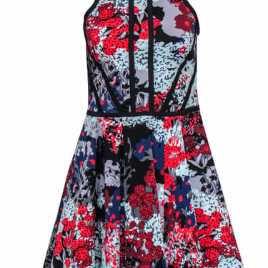Parker - Navy, Red, & Grey Floral Print Fit & Flare Mini Dress w/ Cutout Back Sz S