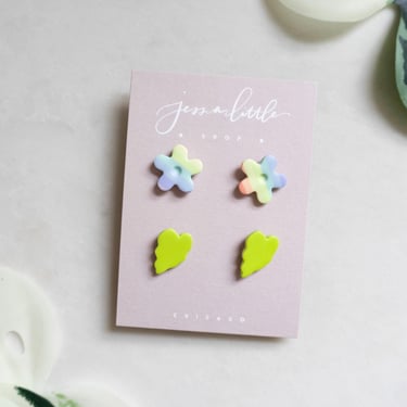 Stud Pack #10 | Rainbow flower studs, green leaf studs, Polymer Clay Earrings, Hypoallergenic Stainless Steel Posts, Statement Studs 