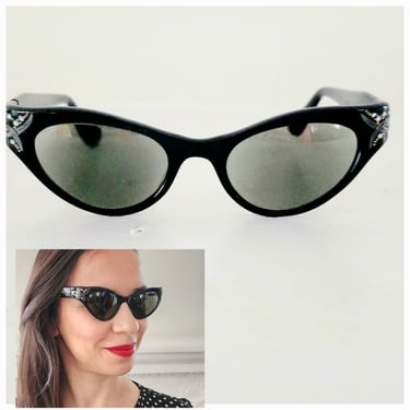 50s SWANK Cat Eye Glasses Black Rhinestone Frames Made in France 