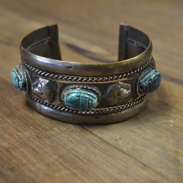 Vintage Egyptian Cuff Bracelet with Pharaohs and Scarabs 