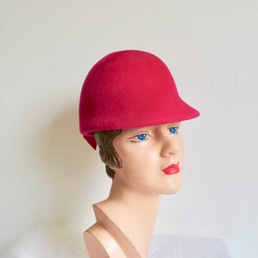 Vintage 1960's Mod Magenta Pink Felt Toque Bubble Hat Black Button Ribbon Trim Mid Century 60's Millinery Glenover 