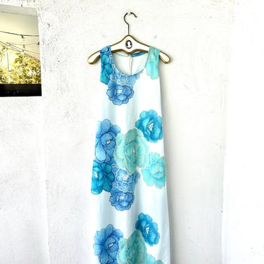 Vintage 70s Floral Dress 1970s Blue Flower Maxi 