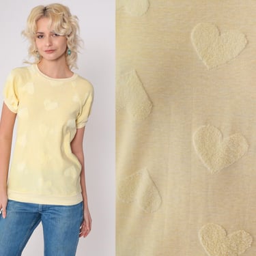 80s Terry Cloth Heart Shirt Light Yellow Slouchy T-Shirt Short Raglan Sleeve Banded Hem Top Retro Solid Casual Tee Vintage 1980s Small xs 