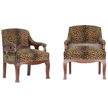 Pair of Rare Hand Carved Empire Style Chairs with Leopard Print Covering 