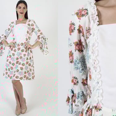 Angel Bell Sleeve Dress, White Floral Mini, Vintage 70s Prairie, VIctorian Rose Floral Print 
