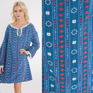 Floral Nightgown Dress 70s Lanz of Salzburg Pajamas Blue Eyelet Lace Long Sleeve Nightie Mini Hippie Boho Vintage 1970s Bohemian Medium 