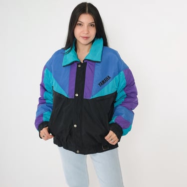 Vintage 90s Yamaha Racing Jacket Sportswear Color Block Puffer Ski Jacket 92 Christenson Purple Teal Black Insulated Nylon 1990s Size Large 