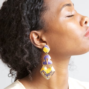 Vintage purple yellow enamel statement earrings 