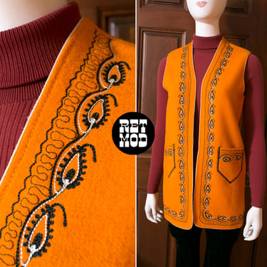 Lovely Vintage 70s Orange Wool Long Vest with Black & White Embroidery 