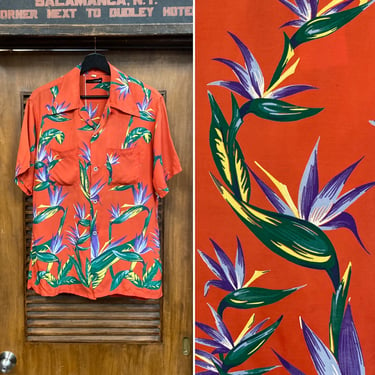 Vintage 1940’s Floral Border Pattern Silky Rayon Hawaiian Shirt, 40’s Loop Collar, Vintage Clothing 
