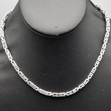 Heavy 80's sterling Byzantine chain rocker choker, complex square 925 silver toggle clasp necklace 