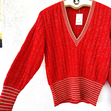 Vintage 80s 90s Metallic Knit Sweater Red Gold 1980s 1990s Knit V Neck Top 