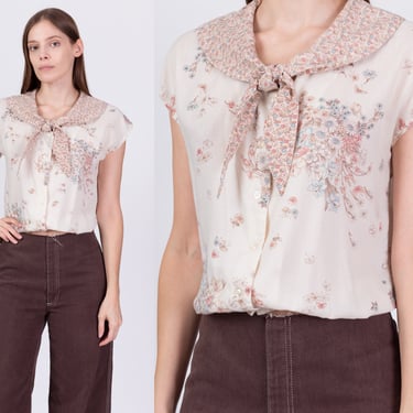 70s Floral Sailor Collar Crop Top - Large | Vintage Boho Sheer Button Up Girly Blouse 