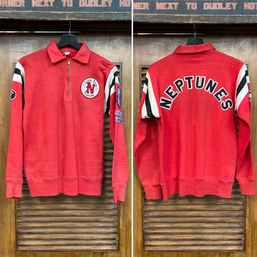 Vintage 1960’s “Neptunes” Swim Team Half-Zip Jersey Style School Sweatshirt with Patches, 60’s Vintage Clothing 