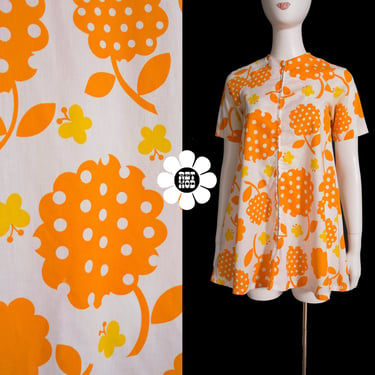 The Cutest Vintage 60s Orange Yellow Flower Power Micro Mini Tent Dress with Zip Front 