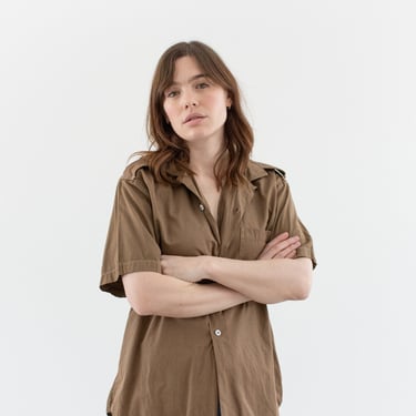 Vintage Overdye Mushroom Brown Short Sleeve Shirt | 60s Unisex Epaulettes Simple Cotton Work Blouse | M | 