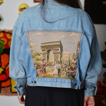 Vintage Karen Kane Oversized Denim Jacket with Parisian Tapestry Back Panel – Arc de Triomphe Scene – One of a Kind Statement Piece 