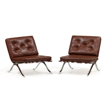 1980s Italian Modern Mies Van Der Rohe Barcelona Style Chrome and Leatherette Lounge Chairs - a Pair 