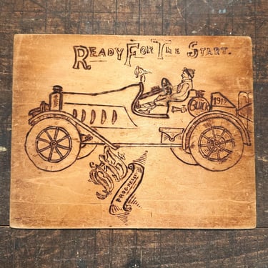 Early 1900s Pyrography Wood Burning of Buick Touring Car - Antique Folk Art Automobile History - Mystery artist - Turn of the Century 