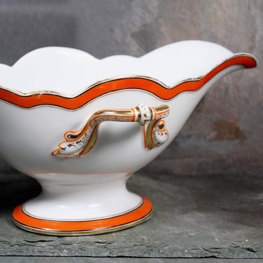 Richard Briggs Antique Porcelain Gravy Boat - Art Deco - Orange & Gold Design - Gorgeous Scalloped Gravy Bowl | Bixley Shop 
