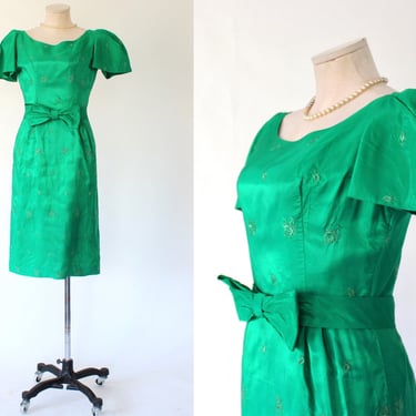 SALE - 1960s Lorrie Deb Kelly Green Poplin nBow Belt Cocktail Dress with Flared Sleeves - Vintage 60s Cocktail Party Dress - Small 