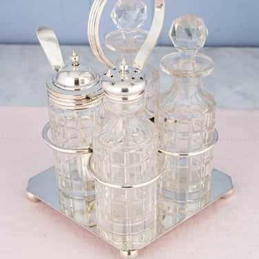 Antique English Silverplate & Crystal Cruet Set & Stand