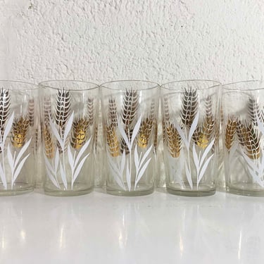 Vintage Wheat Glasses White Gold Glass Bar Cocktail Set of 5 Glass Barware 1970s 
