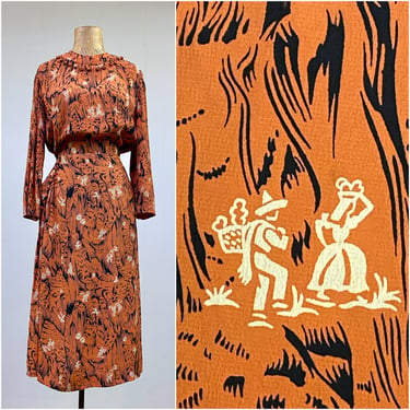 Vintage 1940s Pumpkin Rayon Crepe Novelty Print Dress, Custom-Made Post-WW2 Frock, Whimsical Mexican Imagery, Small-Medium 