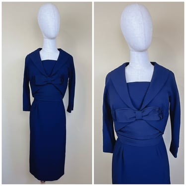 1960s Vintage Leslie Fay Navy Blue Wiggle Dress / 60s Crepe Bow Front Long Sleeve Pencil Dress / Small - Medium 