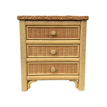Henry Link Wicker Nightstand with 3 Drawers FREE SHIPPING - One Vintage Natural Wrapped Rattan Coastal Boho Chic End Table 