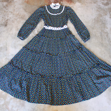70s Ditsy Floral Prairie Dress Navy Blue Ruffle Collar Cottagecore Size S 