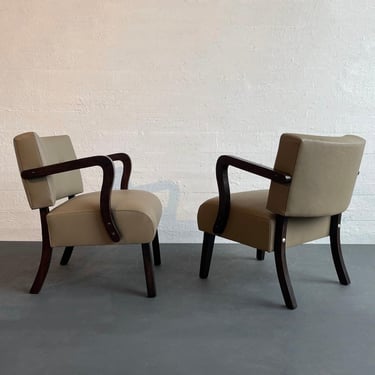 Leather Upholstered Art Deco Maple Bentwood Armchairs