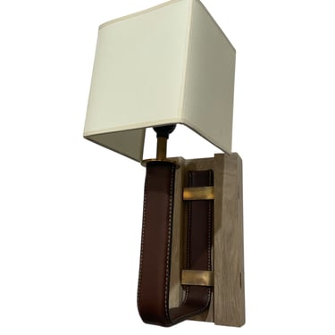 Limited Edition Leather, Oak and Bronze Pair Sconces