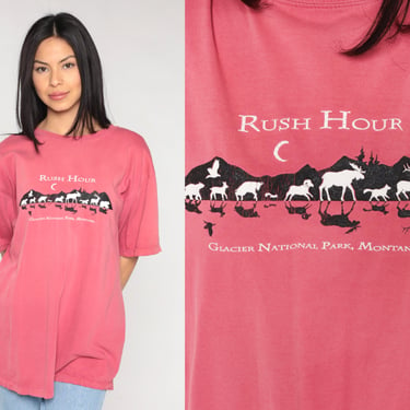 Glacier National Park Shirt Y2K Rush Hour Montana T-Shirt Wildlife Graphic Nature TShirt Moose Eagle Bear Elk Deer Pink Vintage 00s Large L 