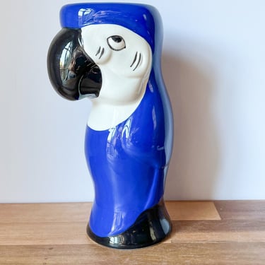 Blue and White Ceramic Parrot Vase. Vintage Tiki Bar Vessel. 