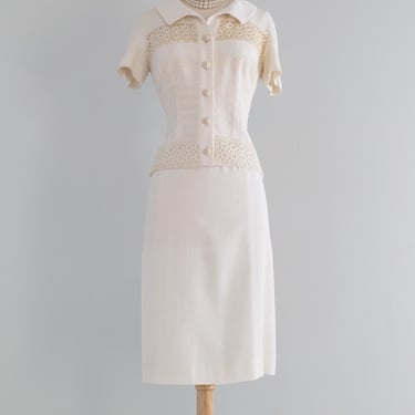 Elegant 1950's Ivory Wiggle Dress & Jacket Set By Carlye / SM