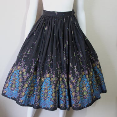 50s Circle Skirt Vintage 1950s Koret of California Black Blue Paisley Print FULL Circle Skirt Pinup Girl  // xs US 0 2 4 small 