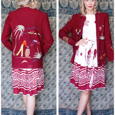 1940s Jacket // RARE Magenta Embroidered Mexican Tourist Jacket // vintage 40s wool jacket 