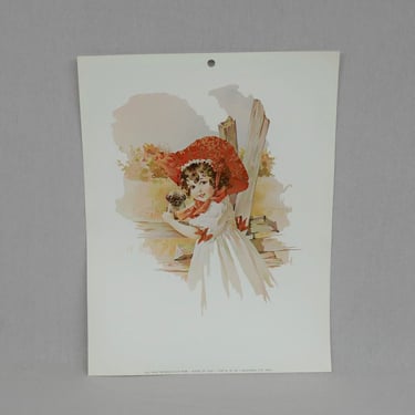 70s 80s Reproduction Victorian Print - Pretty Girl in Big Red Hat with Puppy Dog - Vintage 1970s 1980s - 8 1/2" x 11" or trim to 8" x 10" 