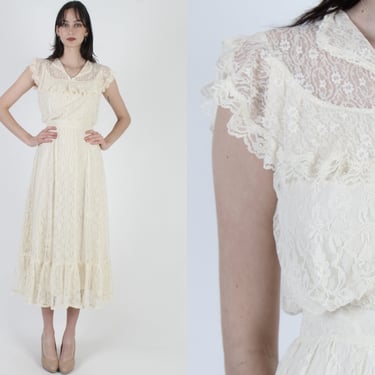 1970s Cream Gunne Sax Wedding Dress / Sheer Floral Lightweight Lace / Vintage Romantic Edwardian Bridal Maxi Size 7 