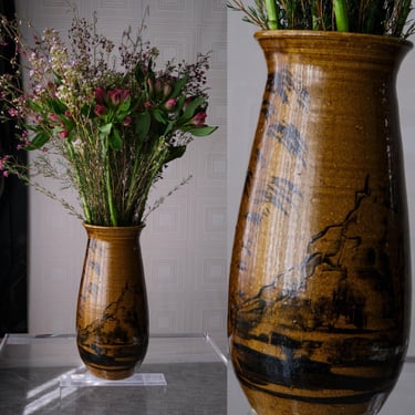 Vintage Japanese Mountain Landscape Decorative Artisan Signed Glazed Stoneware Hand Painted Vase | Designer Asian Home Decor Large Vase 