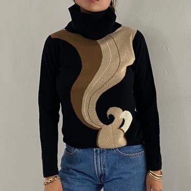 60s mod cashmere turtleneck sweater / vintage mod black camel wave hand knit intarsia cashmere cowl neck turtleneck sweater Scotland | S 