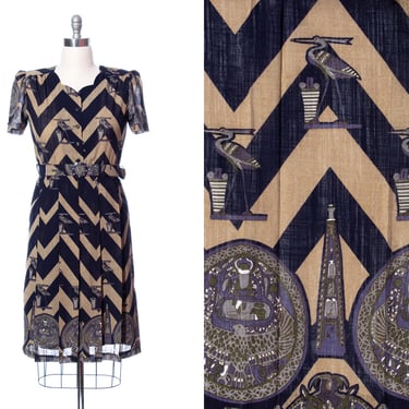 Vintage 1980s Dress | 80s does 1950s Egyptian Novelty Border Print Chevron Pleated Skirt Navy Blue Shirtwaist Day Dress (medium/large) 
