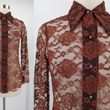 Vintage 70s Jonathan Logan Small Brown Sheer Lace Button Up Long Sleeve Collared Blouse with Rhinestone Buttons 