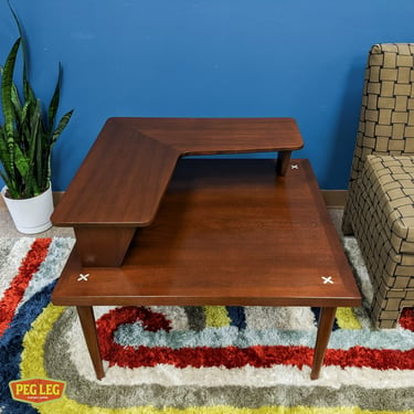 Mid-Century Modern walnut step table with X-inlays by American of Martinsville
