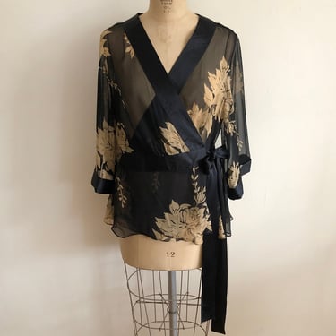 Black and Tan Floral Silk Chiffon Kimono Wrap Top - Early 2000s 